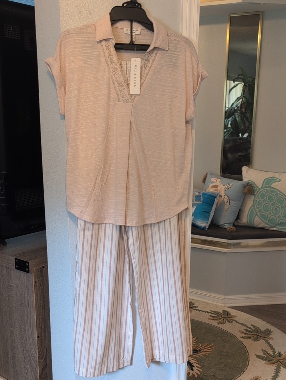 Brand New Pale Beige Striped Wide-Leg Pants & Top Set